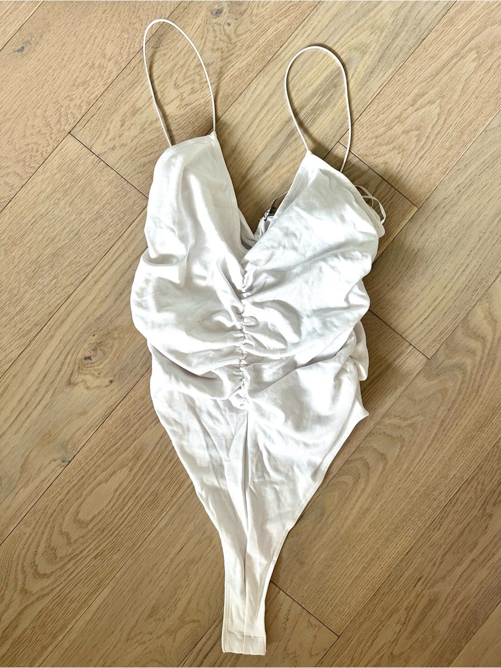 Zara White Cotton Ruched Bodysuit